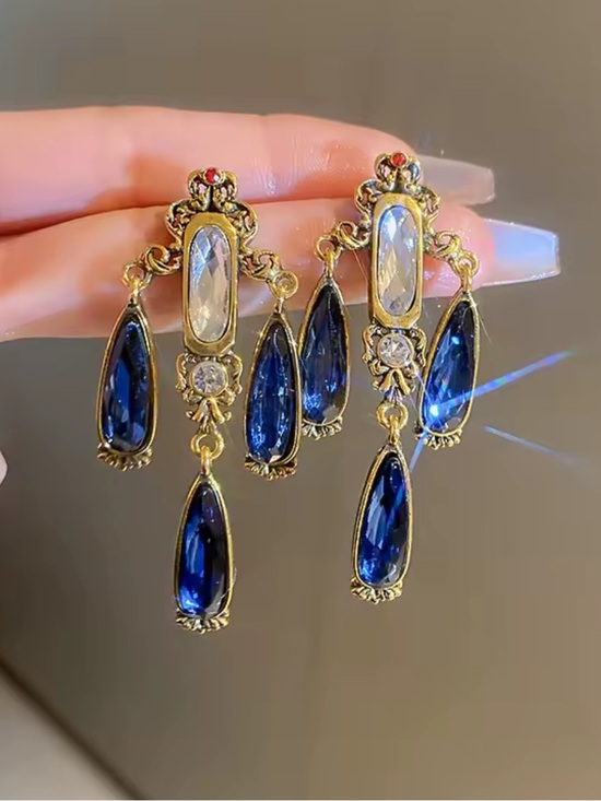 Anthropologie Jewelry - Gold-Tone Earrings with Deep Blue and Clear Stones